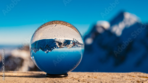 Photography Crystal ball alpine winter landscape shot at Mount Fuessener Joechle, Graen, Reu