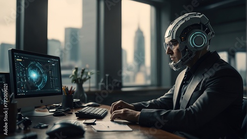 Cyborg Engaged in Laptop Work: A Glimpse into the Future of Technology Integration