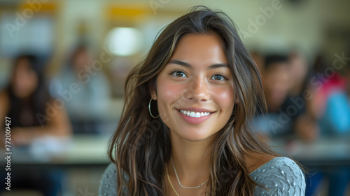 Latino female college student sitting a classroom smiling, student study in class, with copy space, Cheerful Latina female student in a college classroom. Education and young adult learning concept photo