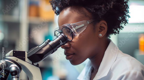 Black female scientist looking through microscope while working in laboratory.