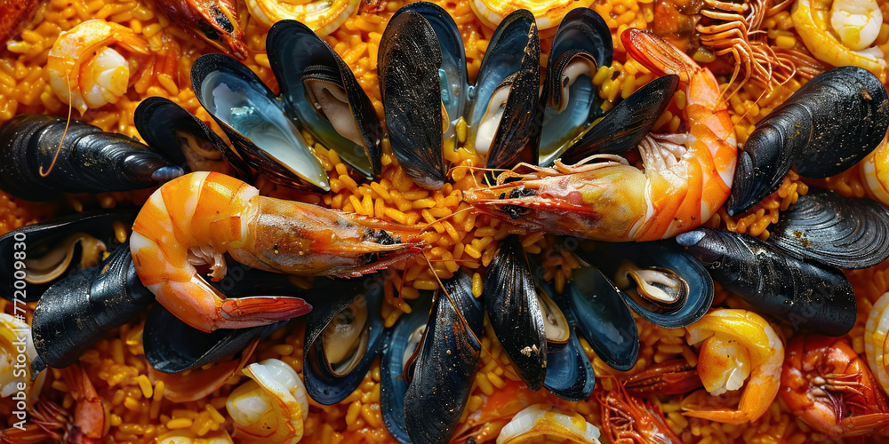 Traditional Spanish seafood and chicken paella dish with saffron rice, peppers, peas, and lemon slices on a rustic table Traditional Spanish seafood and chicken paella dish with saffron rice, peppers, peas, and lemon slices on a rustic table