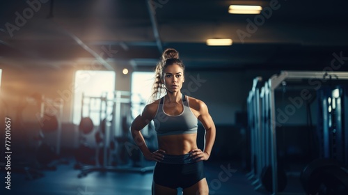 Beautiful strong sexy athletic young caucasian fitness girl working out training in the gym gaining weight pumping up muscles and poses fitness and bodybuilding concept photo