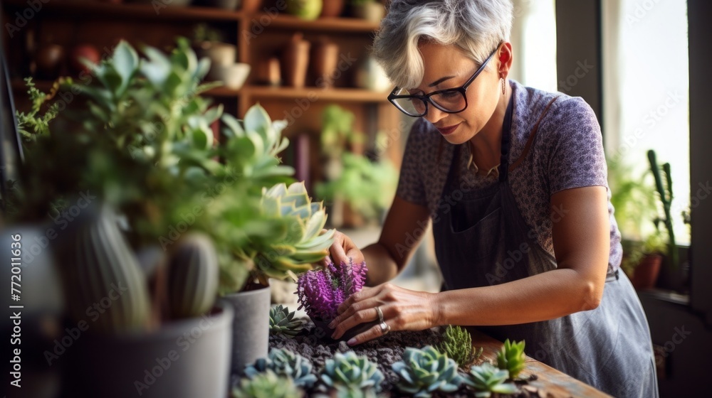 A woman is tending to a variety of plants, including a purple flower A woman is tending to a variety of plants, including a purple flower