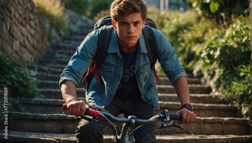 young man riding down the stairs on a bicycle