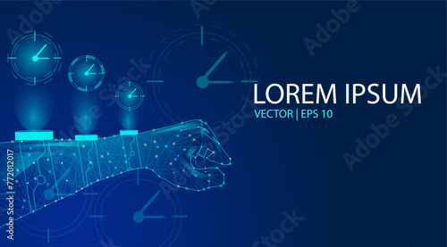 Hand with a digital watch with a blue background. Ontime, discipline, productivity, professional, deadline, schedule, notification, timetable, management, business agenda, concept . Vector EPS 10 photo