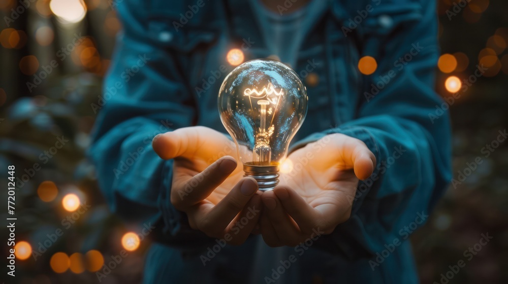 Fototapeta premium Innovation. Hands holding light bulb for Concept new idea concept with innovation and inspiration, 