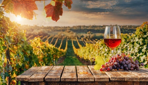 Rustic Wine Setting: Wooden Table in Sun-Drenched Vineyard, Autumn Scene