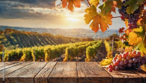 Harvest Atmosphere: Wooden Table Set in Vineyard Under the Autumn Sun