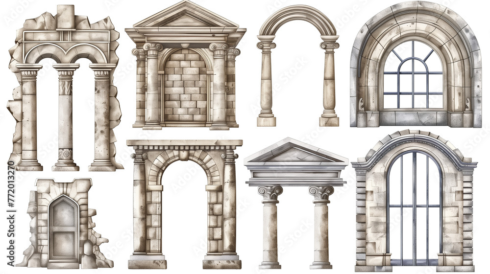 Obraz premium Various old building elements, antiquity, isolated on transparent background
