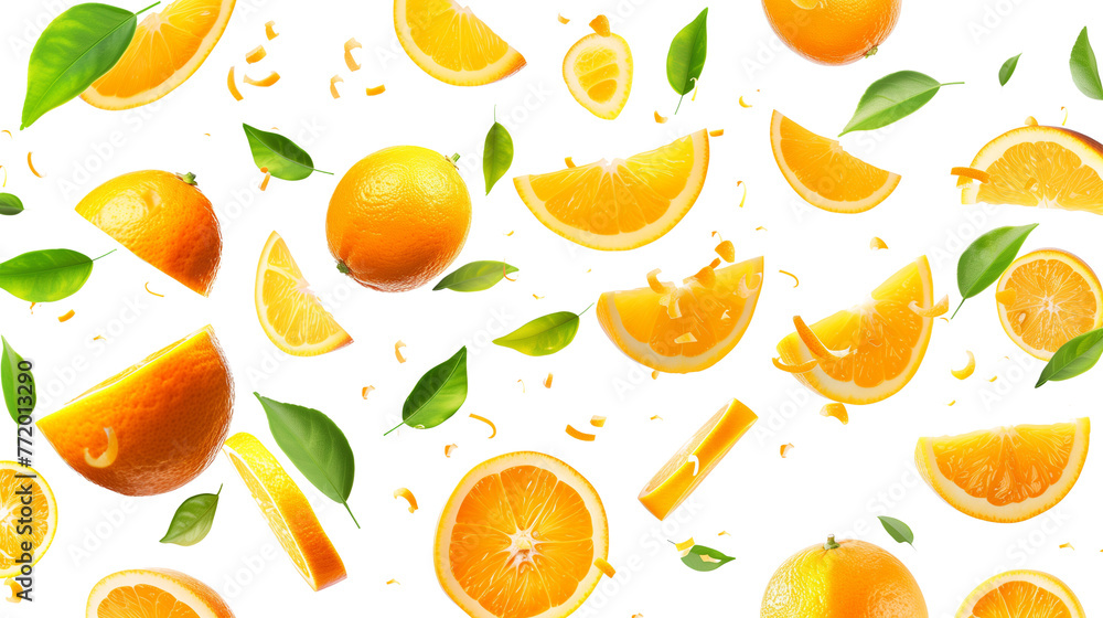 Flying orange pieces, isolated on a transparent background
Flying orange pieces, isolated on a transparent background