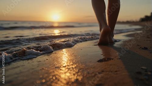 Serene Sunset Walk: Close-Up of Woman's Feet on Sandy Beach in Summer