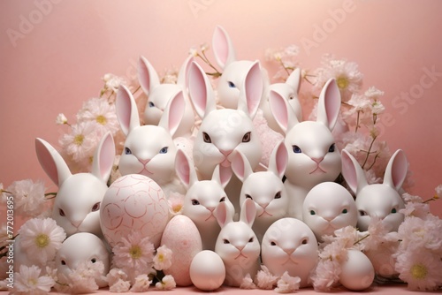 a group of white rabbits and eggs