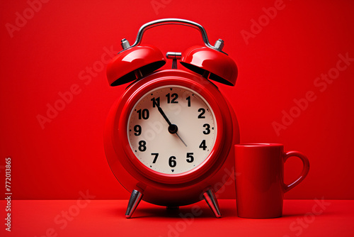 a red alarm clock and a mug