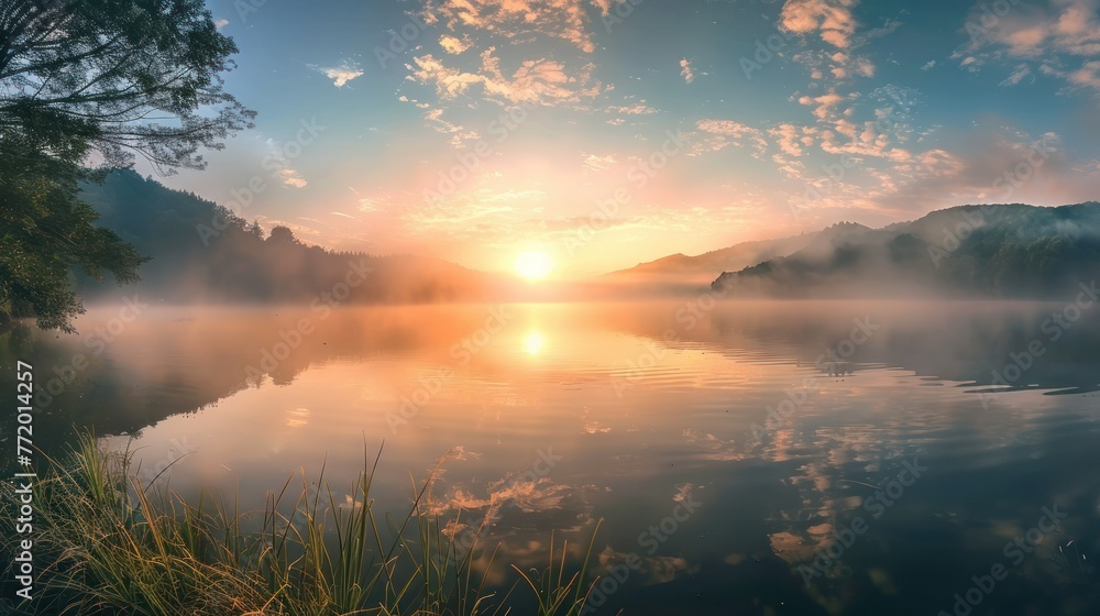 Naklejka premium Panorama of beautiful sunrise over lake
