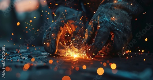 Welder's hands with sparks flying, twilight, close-up, wide lens, high contrast, focus on skill. 