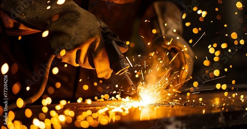 Welder's hands with sparks flying, twilight, close-up, wide lens, high contrast, focus on skill.