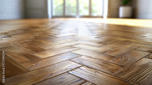 Parquetry, engineered click system oak wood flooring in a freshly renovated room  photo
