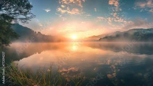 Panorama of beautiful sunrise over lake  photo