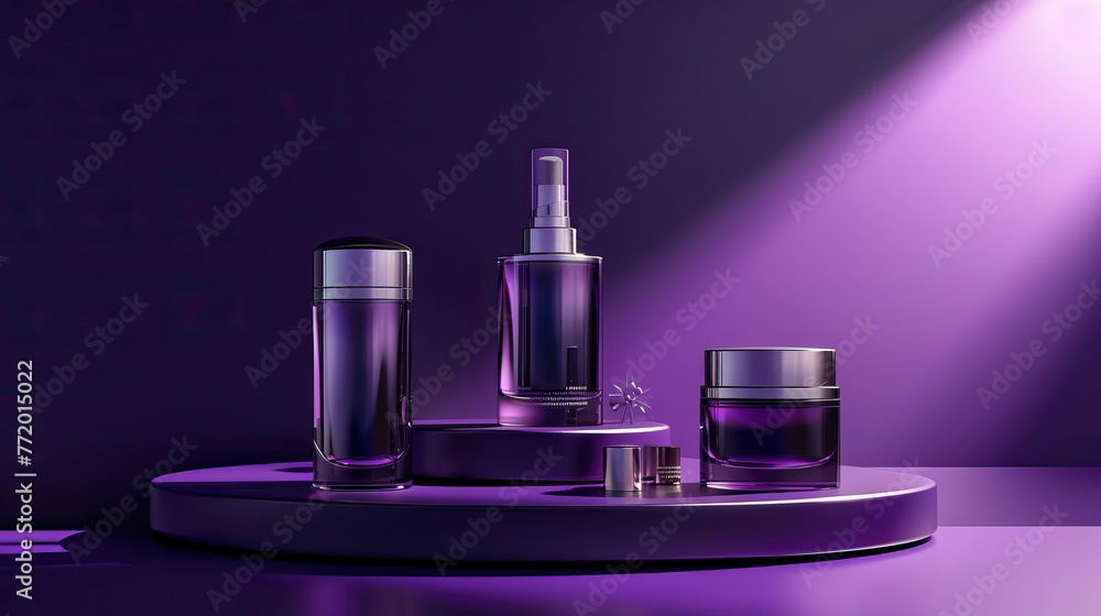 skincare products on podium with dramatic lighting on purple background skincare products on podium with dramatic lighting on purple background