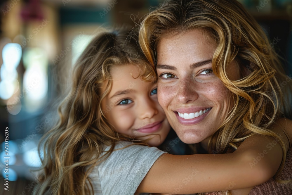 Mother and daughter smiling and hugging. Family holiday and togetherness. ai generated Mother and daughter smiling and hugging. Family holiday and togetherness. ai generated