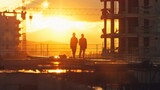 Two construction workers on a building site at sunset, 