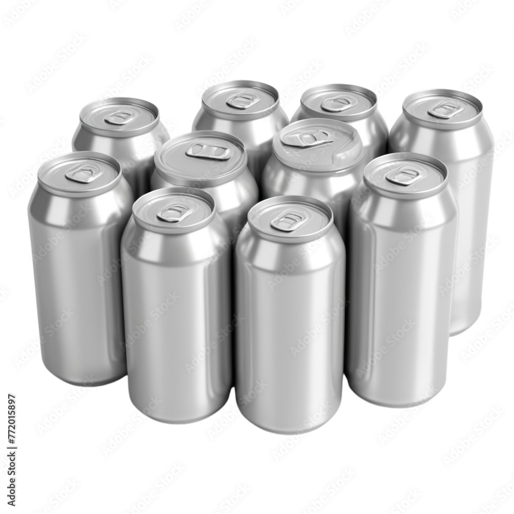 a silver metal tin cans and clear bottles on Isolated transparent background png. generated with AI a silver metal tin cans and clear bottles on Isolated transparent background png. generated with AI