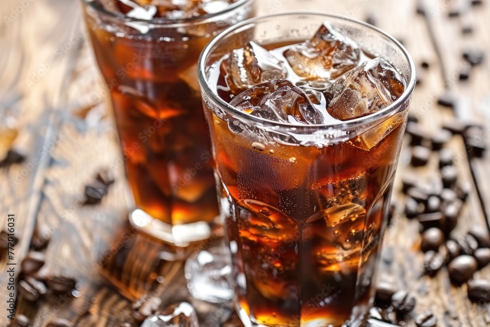 Two glasses filled with iced coffee sit on a wooden table in a simple and inviting setting Two glasses filled with iced coffee sit on a wooden table in a simple and inviting setting