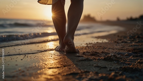 Woman's Feet Walking on Sandy Beach at Sunset: A Relaxing Summer Scene