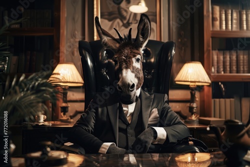 A donkey wearing a mans suit sitting in a black leather chair in an elite office setting