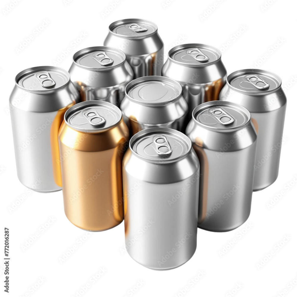 a silver metal tin cans and clear bottles on Isolated transparent background png. generated with AI a silver metal tin cans and clear bottles on Isolated transparent background png. generated with AI