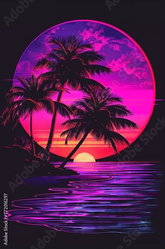 vaporwave wallpaper with palm trees and neon purple sun, minimalist