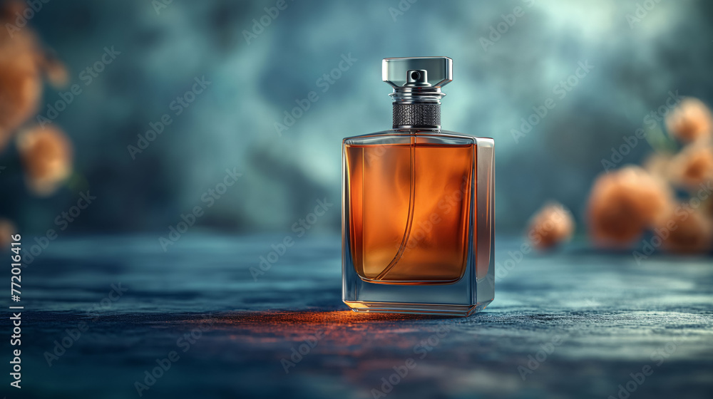 Dark blue perfume bottle with silver ring on a blue background with flowers Dark blue perfume bottle with silver ring on a blue background with flowers