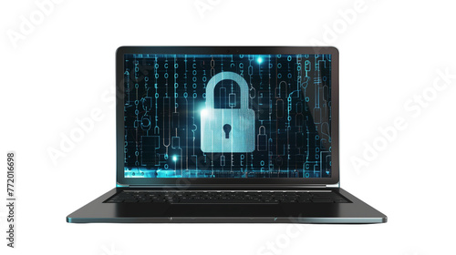 A notebook with a lock, cyber security, isolated on a transparent background