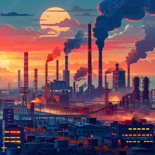 A bustling industrial factory at sunset  showcasing innovative automation technology  smokestacks against the evening sky   illustration