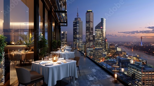 As dusk sets in, this high-rise restaurant offers a dining experience with a breathtaking view of the city's illuminated skyline and winding river. Elegant Evening at a High-Rise City View Restaurant 