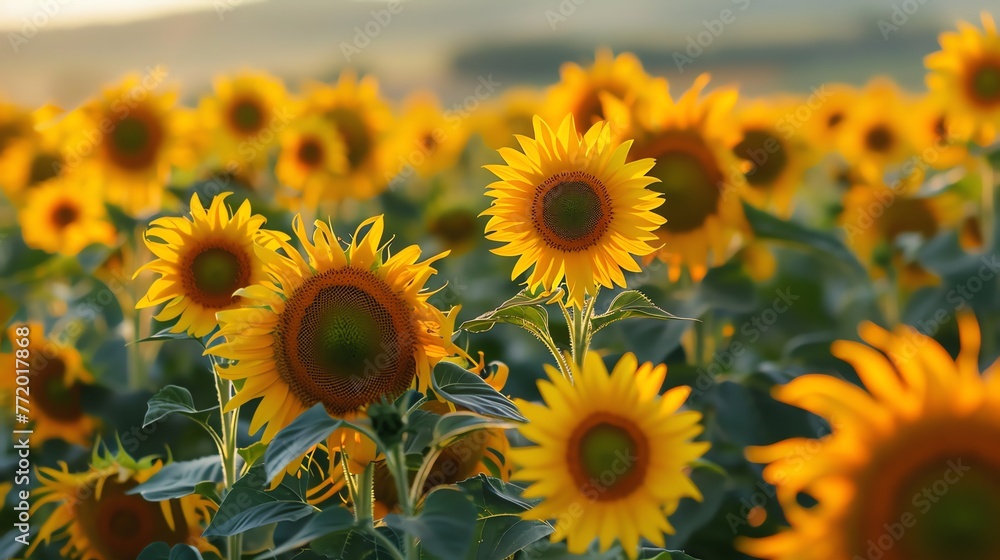 A sea of ​​sunflowers under the warm summer sun