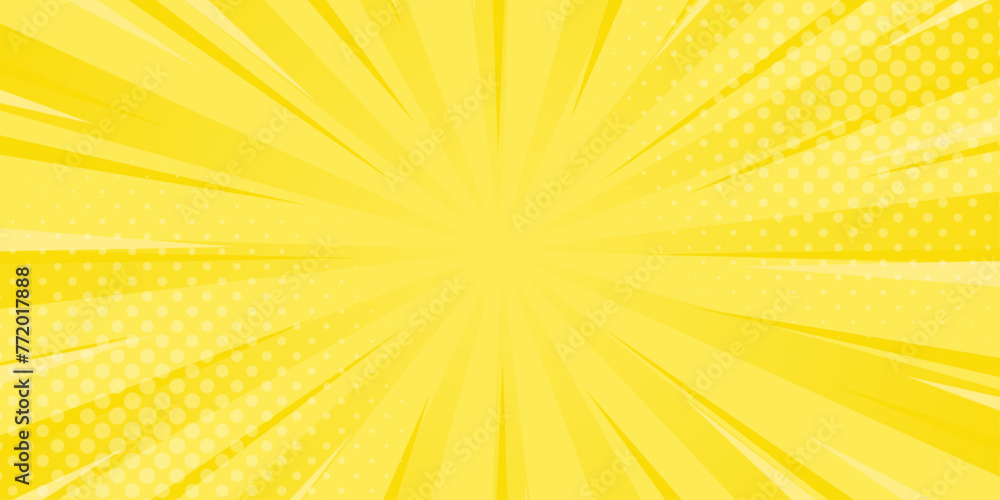 Bright yellow comic sunburst effect background with halftone. Sun rays ...