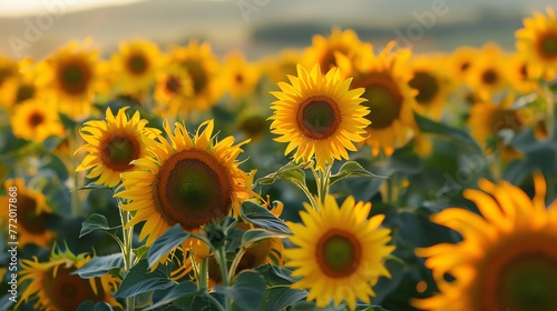 A sea of       sunflowers under the warm summer sun