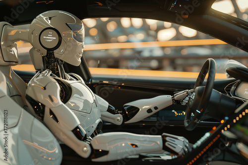 advanced humanoid robot driving a modern car generative by ai © Kainash