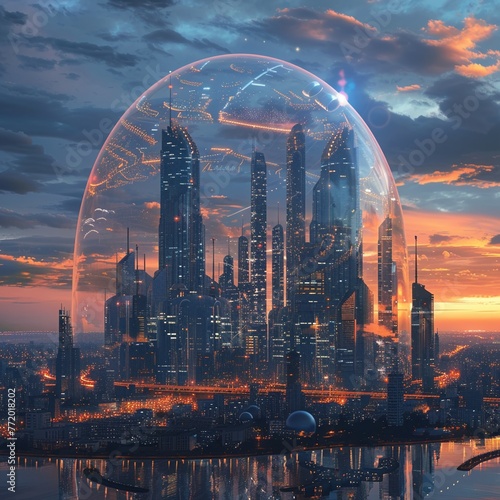 A futuristic cityscape with a protective dome, illustrating advanced insurance solutions for urban life and property , vibrant photo