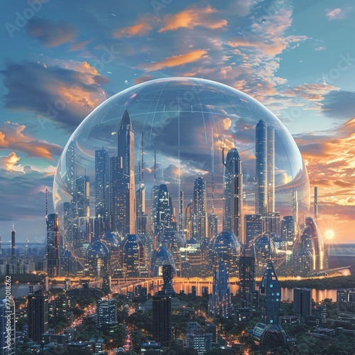 A futuristic cityscape with a protective dome, illustrating advanced insurance solutions for urban life and property , vibrant