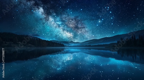 Generate an image featuring the tranquil beauty of a starry night reflected in calm waters