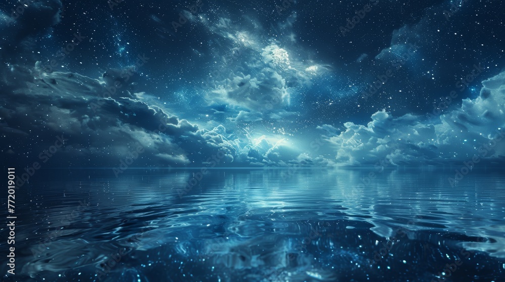 Generate an image featuring the tranquil beauty of a starry night reflected in calm waters