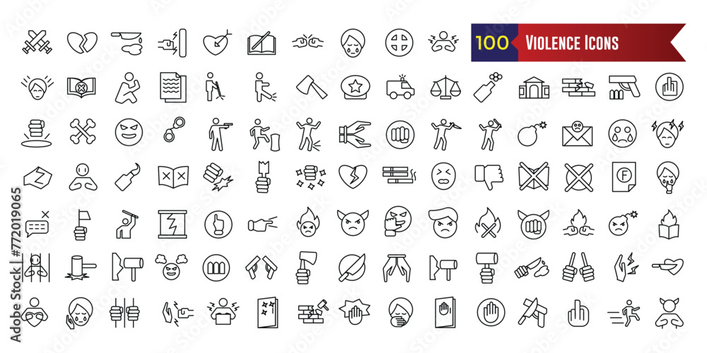 Violence icons set. Outline set of violence icons for web design isolated. Outline icon collection. Editable stroke. Violence icons set. Outline set of violence icons for web design isolated. Outline icon collection. Editable stroke.