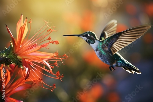 A small hummingbird flutters near a flower close-up © Maria