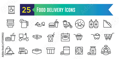 Food delivery service icons set. Outline set of food delivery service icons design isolated.. Outline icon collection. Editable stroke.