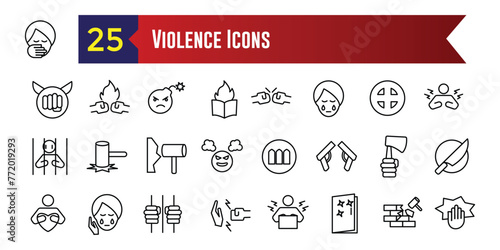 Violence icons set. Outline set of violence icons for web design isolated. Outline icon collection. Editable stroke.