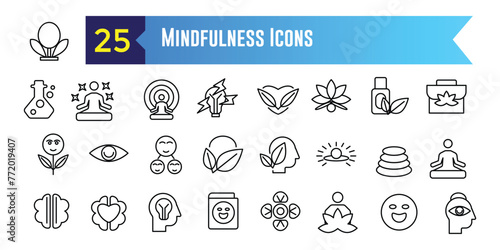 Mindfulness icons set outline vector. Mind stress. Relax peace for ui design isolated. Outline icon collection. Editable stroke.