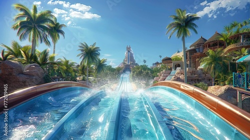 Hyper-realistic 3D view of a thrilling drop from a high water slide, looking down at the pool below photo