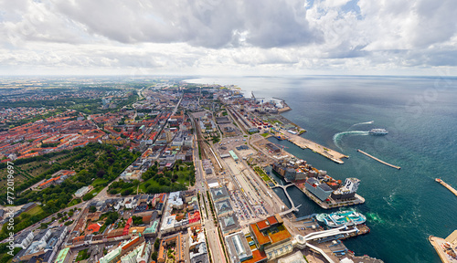 Helsingborg  Sweden. Panorama of the city in summer with port infrastructure. Oresund Strait. Aerial view